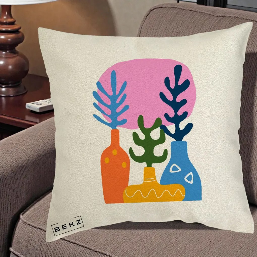 Perna Decorativa Vaze Botanice Abstract, 40x40 cm, Ecru, Husa Detasabila, Perna Inclusa, BEKZ®