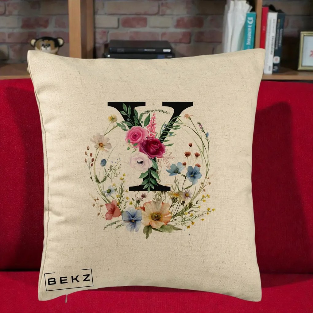 Cadou Personalizat - Perna Personalizata Monograma Florala Litera Y cu Coroana, 40x40 cm, Bej, Husa Detasabila, Perna Inclusa, BEKZ®