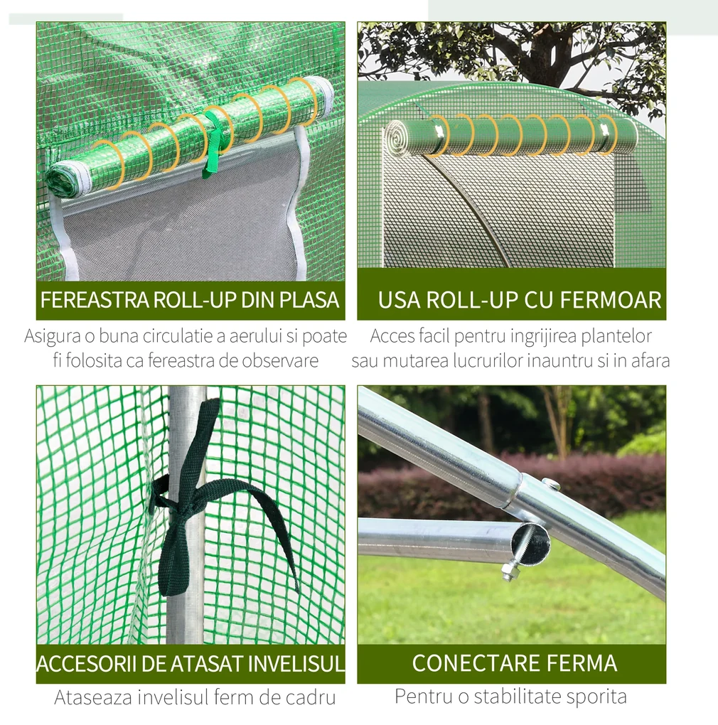 Outsunny Seră Tunel Mare pentru Plante, Copertină PE, Ușă cu Fermoar și 6 Ferestre, 450x300x200 cm, Verde | Aosom Romania