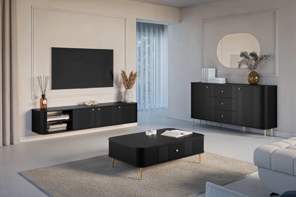 Comodă cu sertare Vesper 160 cm pe picioare - negru / picioare aurii