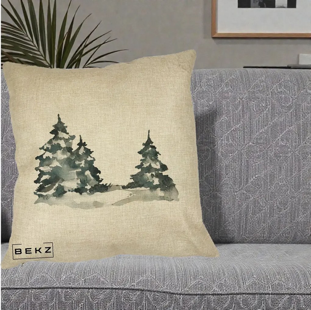 Perna Decorativa Brazi Inzapeziti Acuarela, 40x40 cm, Crem, Husa Detasabila, Perna Inclusa, BEKZ®