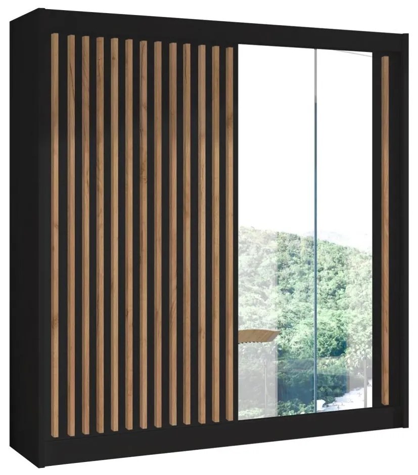 Dulap SANTINO cu oglindă, 203 x 215 cm, negru/stejar craft