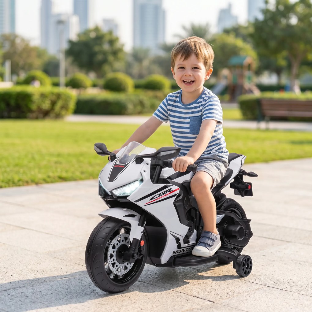 HOMCOM Motocicletă Electrică pentru Copii cu Baterie Reîncărcabilă de 6V, Viteză 3 km/h și Muzică, 90x44x52 cm, Alb | Aosom Romania