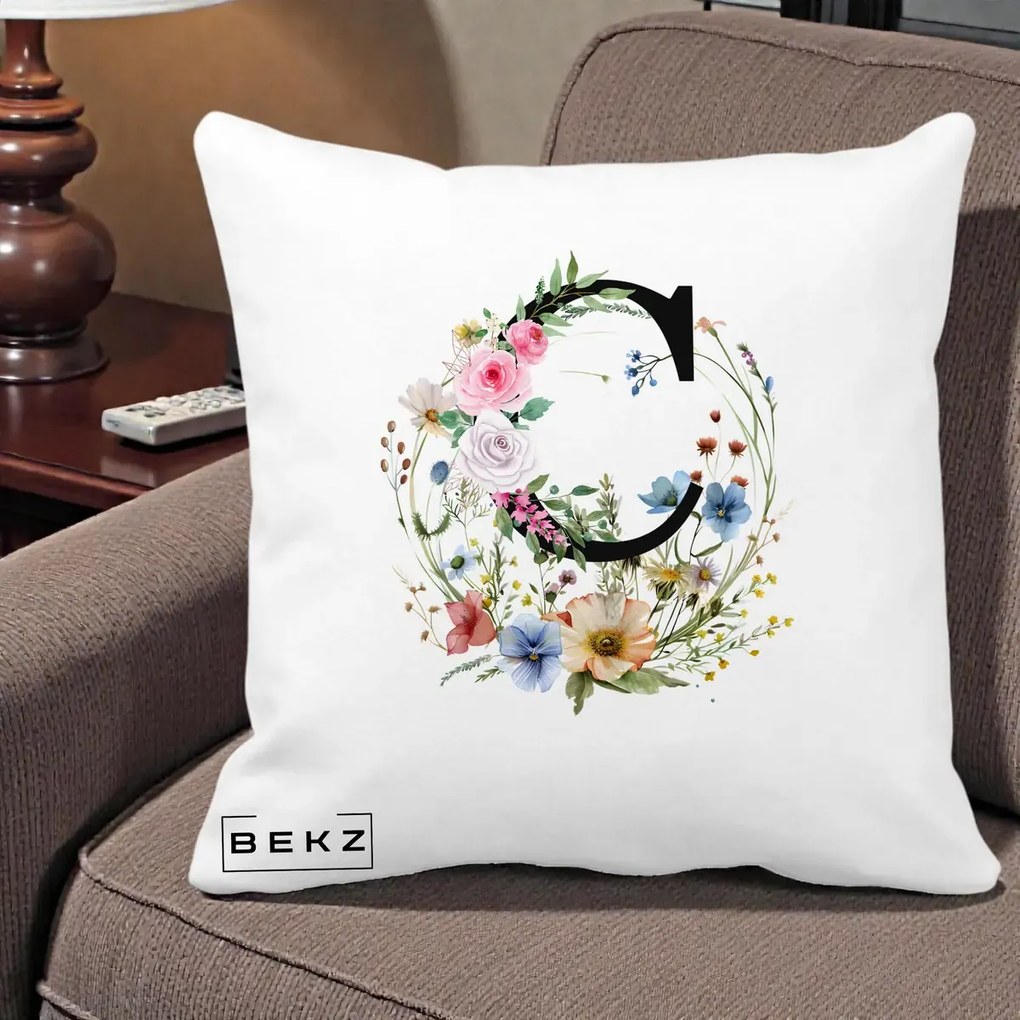 Cadou Personalizat - Perna Personalizata Monogram Litera C cu Flori Acuarela, 40x40 cm, Alba Mata, Husa Detasabila, Perna Inclusa, BEKZ®