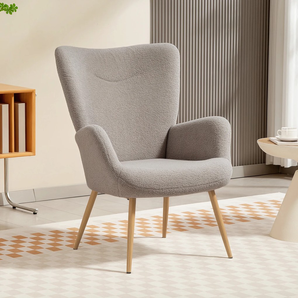 Fotoliu Modern Imbottito de Sufragerie HOMCOM, Fotoliu de Dormitor în Țesătură Sherpa cu Spătar Înalt și Brațe, Fotoliu Relax cu Cadru din Oțel pentru Sufragerie, Gri Deschis | Aosom Romania