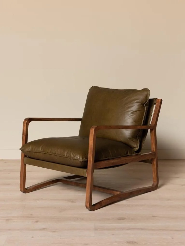 Fotoliu din piele naturală top grain, cu structură din lemn de acacia, 76×77×77 cm, „Céron"