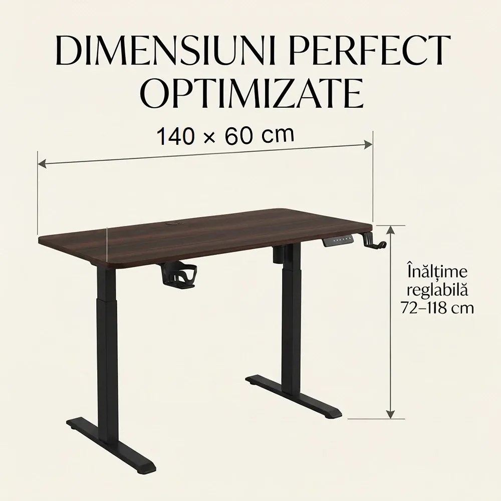 RESIGILAT- ELEVON WX-009 – Birou Reglabil Electric, Înălțime Reglabilă 72–118 cm, Blat Monobloc PAL de Înaltă Densitate 15 mm, Cadru Metalic din Oțel 65×45 mm, Panou Electronic, 140 × 60 cm, Walnut