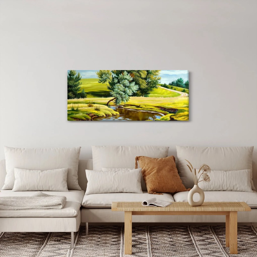 Tablou - Râu între câmpii, pictură în ulei (120x50 cm)