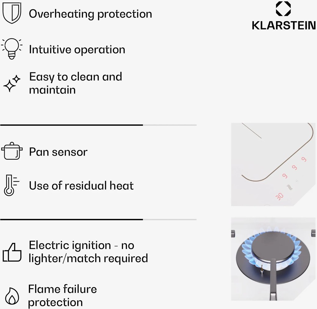 Klarstein MultiChef 4, plită cu inducție și gaz, 4 zone de gătit, 2 arzătoare cu gaz, 2 plite cu inducție, FlexZone