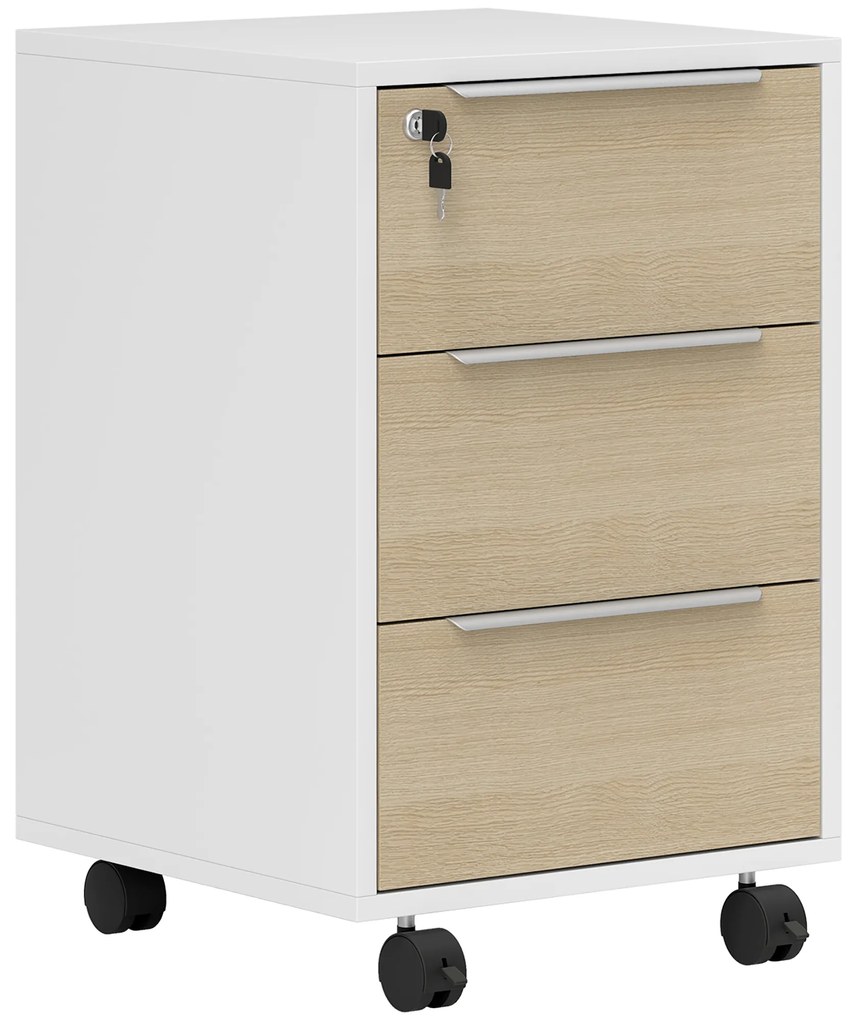 HOMCOM Căsuț de birou pe roți cu 3 sertare și lacăt, mobilier depozitare birou pe roți, 40 x 40 x 63,5 cm, stejar | Aosom Romania