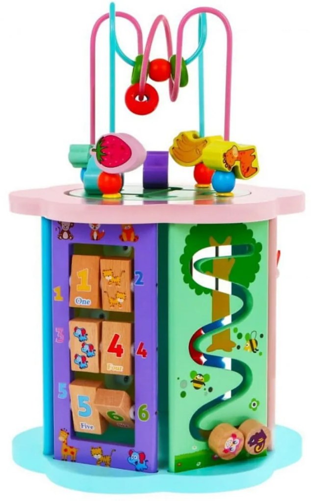 Cub educativ de tip Montessori din lemn masiv NOVOKIDS™ Supreme EduCube, 8 in 1, Cu forme geometrice, Labirint, Numaratoare si masinute, Motricitate