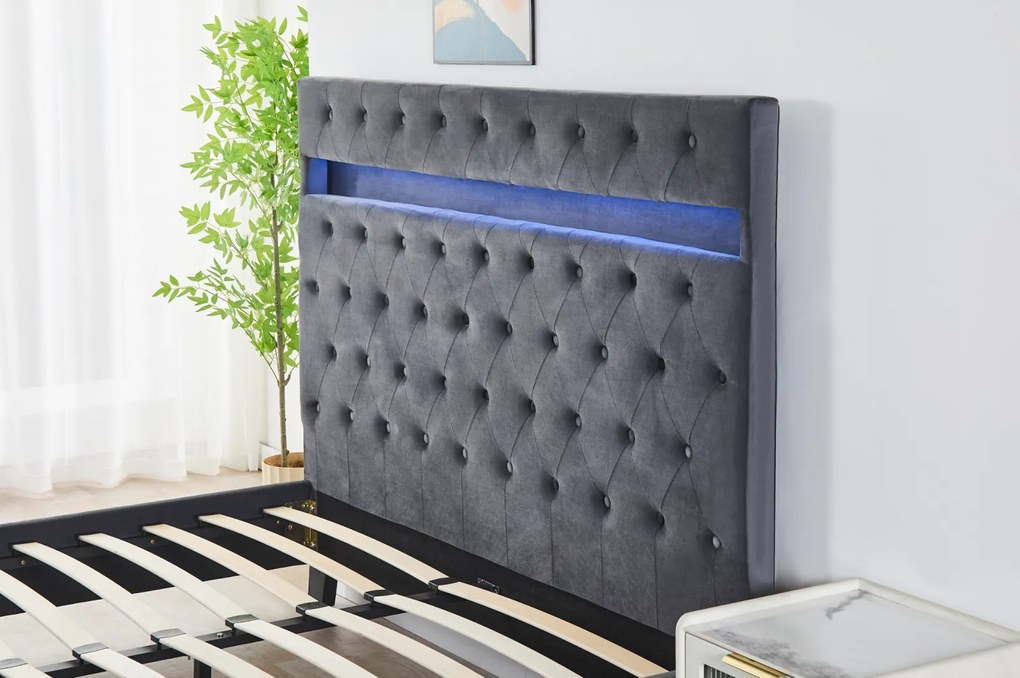 Pat Tapitat Catifea cu Iluminare LED, Somiera si Saltea Inclusa ,   Gri 160x200 cm   Cod FB-18