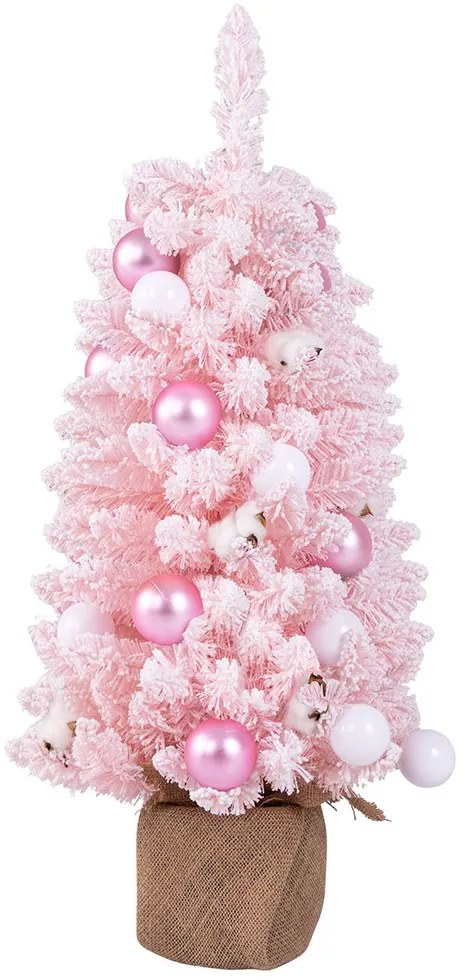 Brad artificial cu zăpadă și globuri, 90 cm, roz