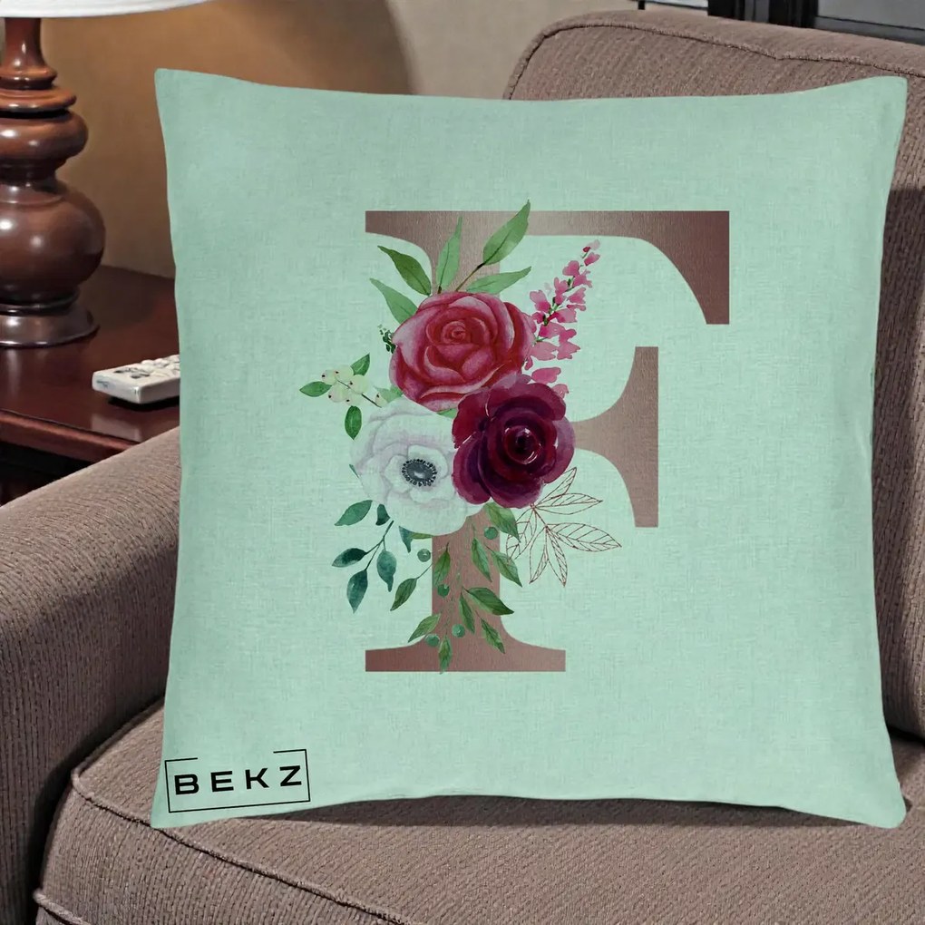 Cadou Personalizat - Perna Personalizata Monograma Rose Gold Litera F, 40x40 cm, Verde Menta, Husa Detasabila, Perna Inclusa, BEKZ®
