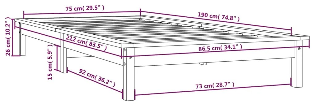 Cadru de pat mic Single 2FT6, alb, 75x190 cm, lemn masiv Alb, 75 x 190 cm