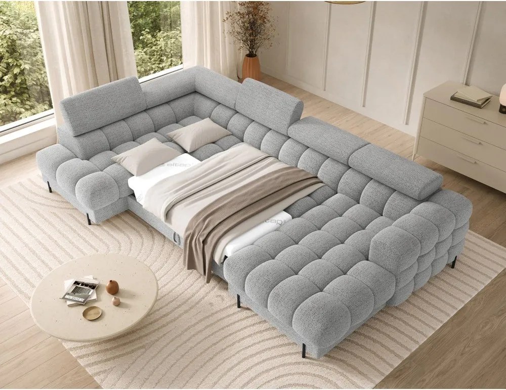 Colțar gri extensibil cu tapițerie din țesătură bouclé (cu colț pe partea stângă/în formă de "U") Feraria – ELTAP