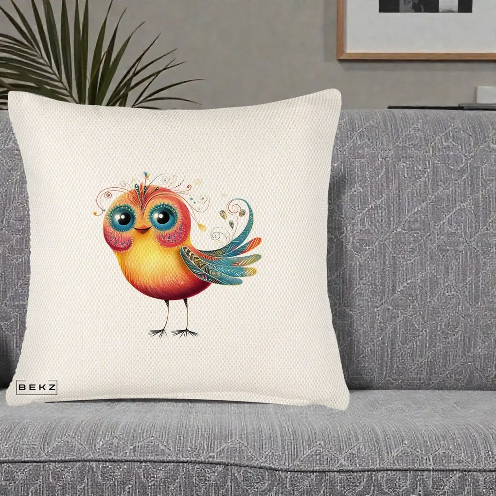 Perna Decorativa Pasare Vibranta cu Aripi Ornamentale, 40x40 cm, Crem Reliefat, Husa Detasabila, Perna Inclusa, BEKZ®