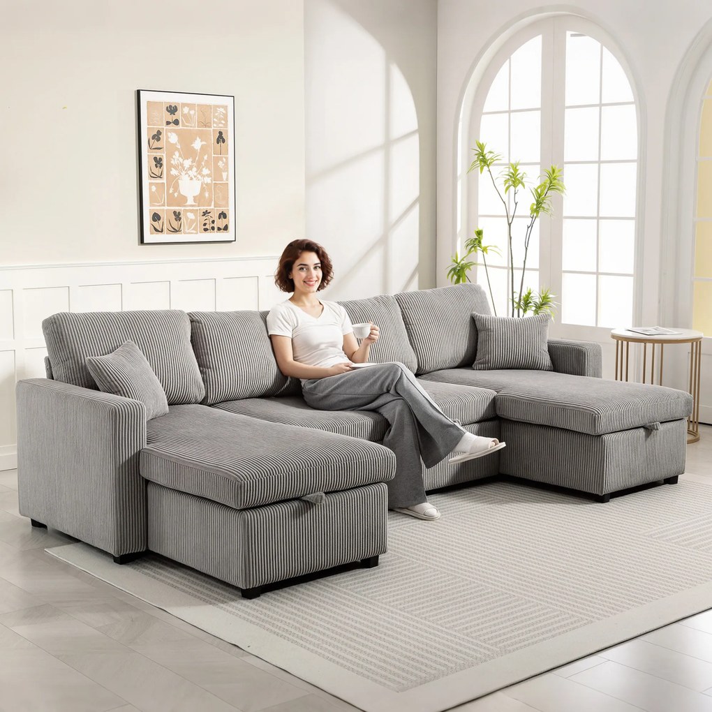 HOMCOM Canapea Extensibilă Modernă în Formă de U și Spații de Depozitare, Catifea Reiată, 282x140x86 cm, Gri | Aosom Romania