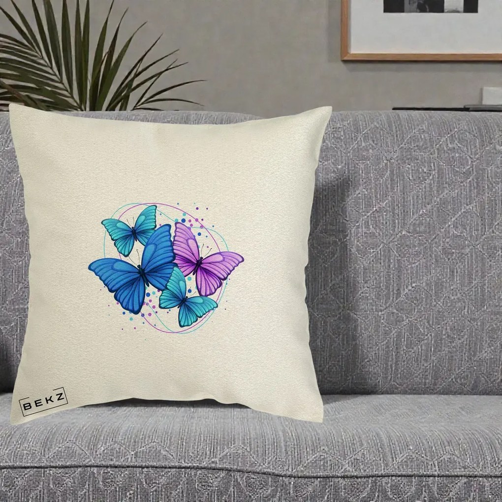 Perna Decorativa Patru Fluturi Turcoaz-Violet, 40x40 cm, Ecru, Husa Detasabila, Perna Inclusa, BEKZ®