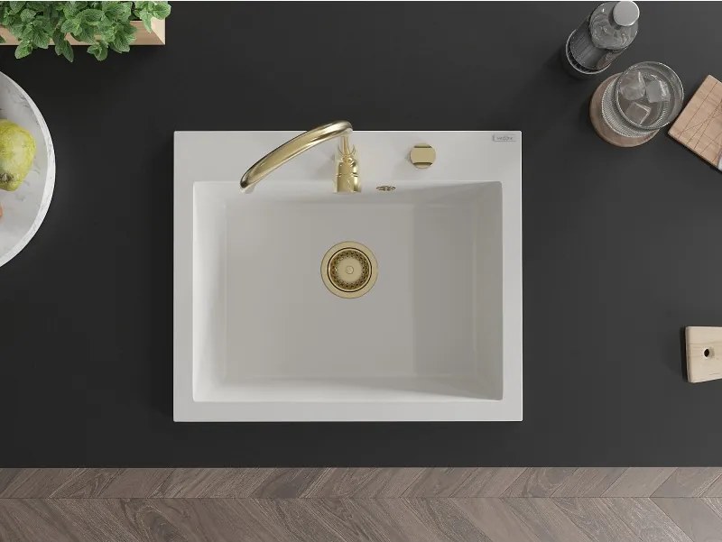 Mexen Elix chiuvetă din granit cu 1 compartiment 600 x 500 mm, albă, sifon auriu - 6525601005-20-G