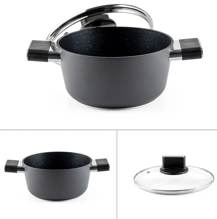 Cratiță Luigi Ferrero Regina FR-2040 20x10 cm, 2,5 l, Acoperire antiaderentă cu efect de marmură, Capac din sticlă cu orificiu pentru abur, Negru