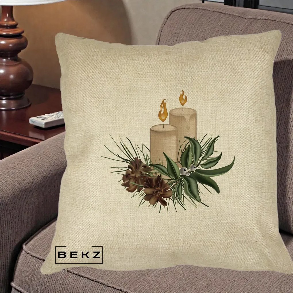 Perna Decorativa Lumanari cu Ilex si Conuri Ilustratie, 40x40 cm, Crem, Husa Detasabila, Perna Inclusa, BEKZ®