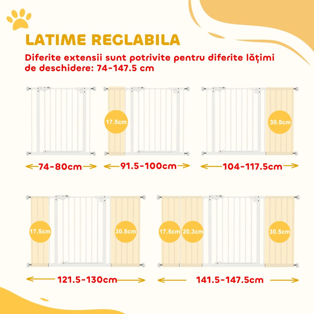 PawHut Porțiță pentru Câini și Animale de Companie cu 3 Extensii, Lățime Reglabilă, 74-147.5x76.2 cm, Alb | Aosom Romania