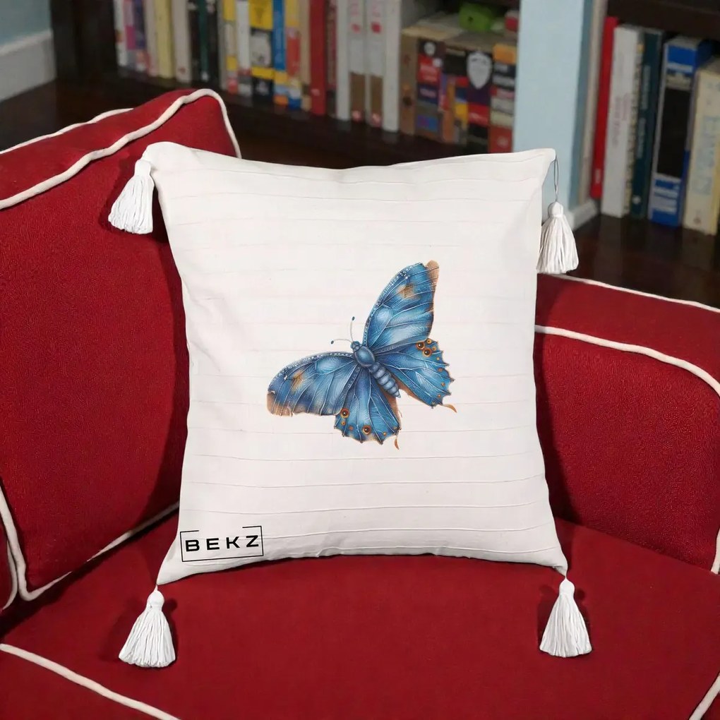 Perna Decorativa Fluture Albastru Satin cu Pete Aurii, 40x40 cm, Bej cu Franjuri, Husa Detasabila, Perna Inclusa, BEKZ®