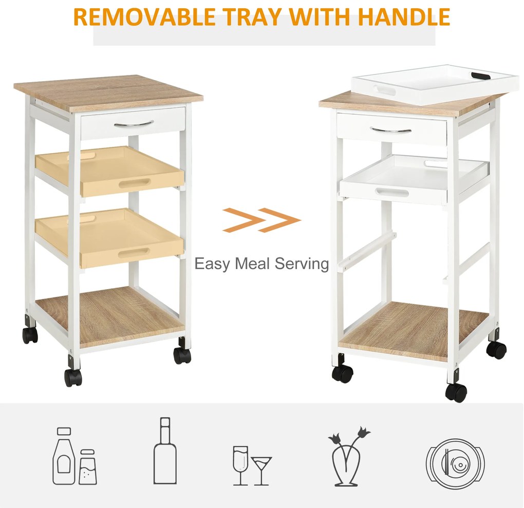 HOMCOM Căruț de servire căruță de bucătărie pe roți 2 tavane detașabile, sertar, raft stejar deschis lemn de pin alb | Aosom Romania