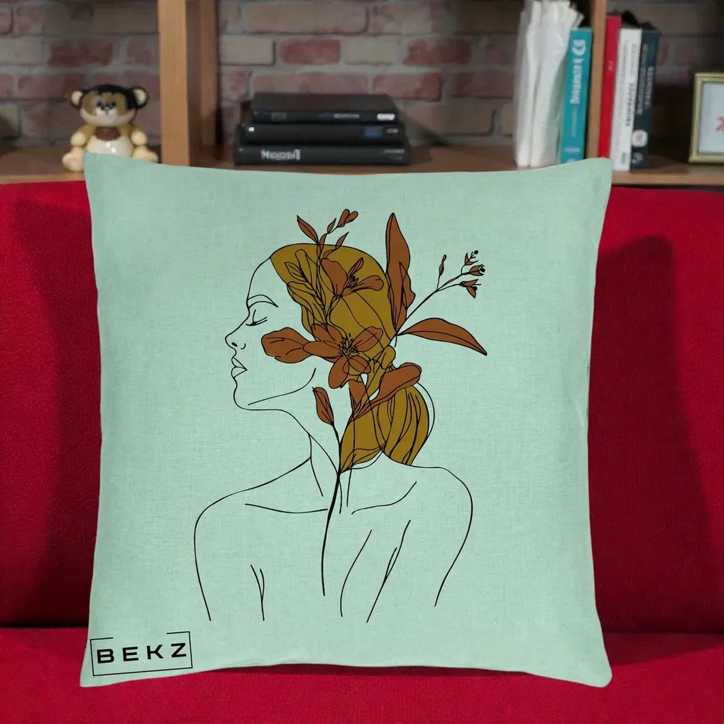Perna Decorativa Portret Feminin Crin Ruginiu Auriu, 40x40 cm, Verde Menta, Husa Detasabila, Perna Inclusa, BEKZ®