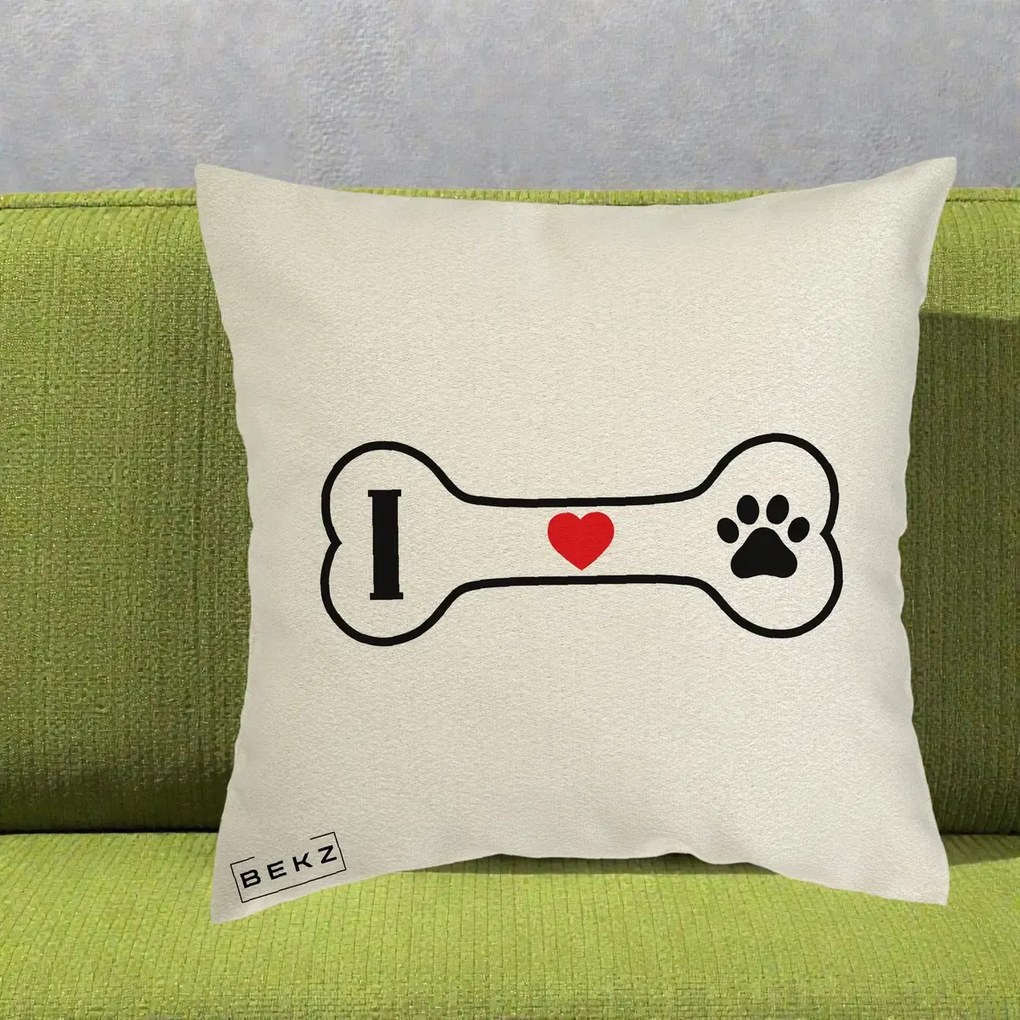 Perna Personalizata I Love Dog Os si Labuta, 40x40 cm, Ecru, Husa Detasabila, Perna Inclusa, BEKZ®