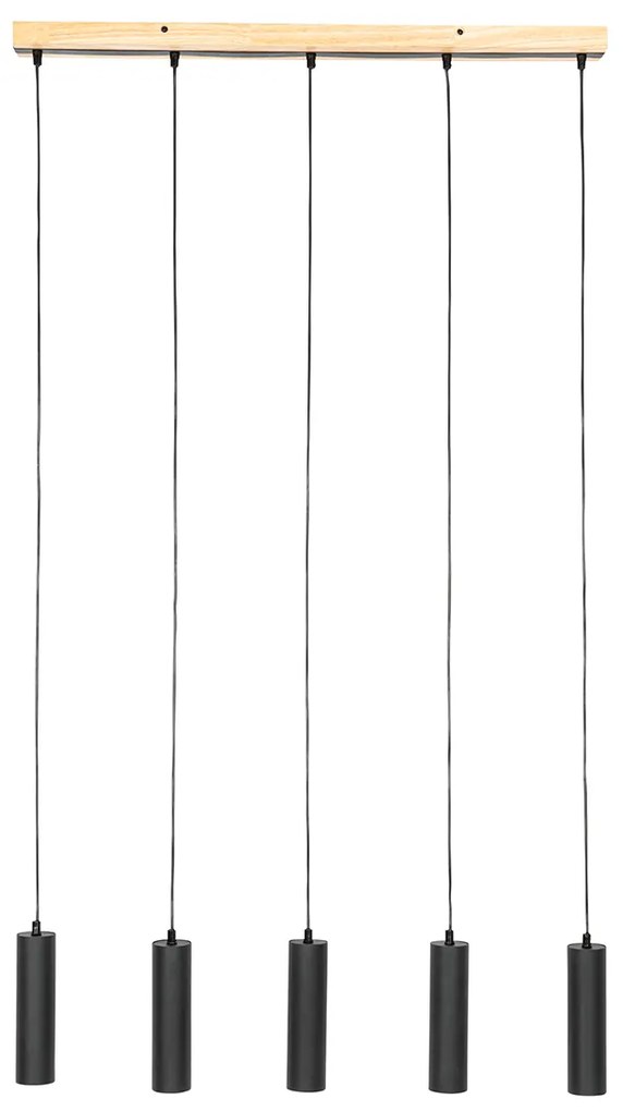 Lampă modernă suspendată neagră cu lemn cu 5 lumini - Jeana