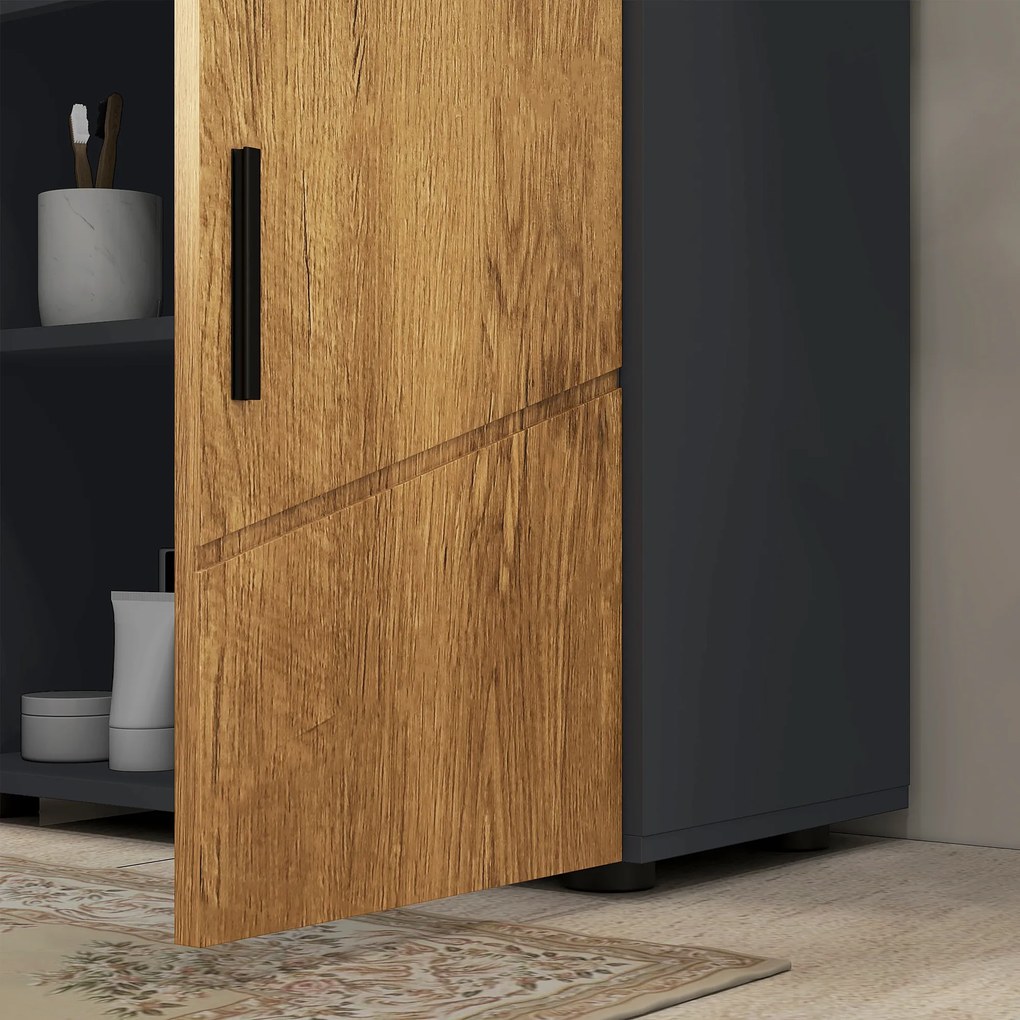 kleankin Mobilier sub vas lavabo mobilier de baie 2 usi cu raft 60 x 30 x 60 cm antracit si aspect lemn | Aosom Romania