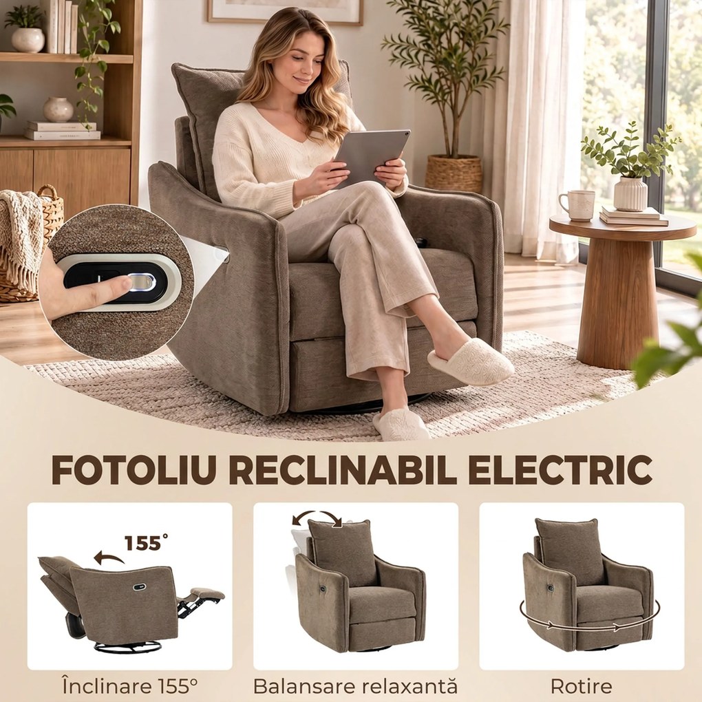 HOMCOM Fotoliu Recliner Electric 155° cu Suport pentru Picioare, Rotire 270°, Șezut Lat, Balans, Șenilă, Kaki | Aosom Romania