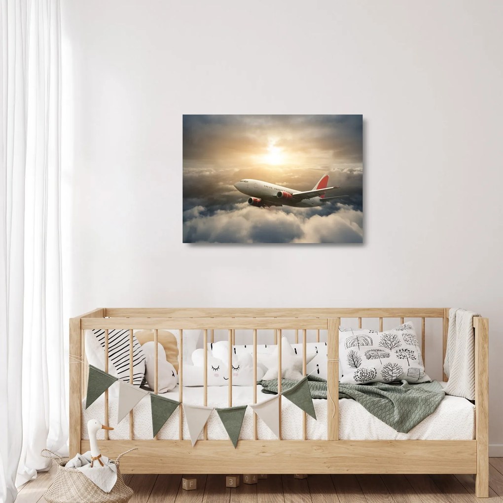 Tablou pe sticlă - Avion în nori (70x50 cm)