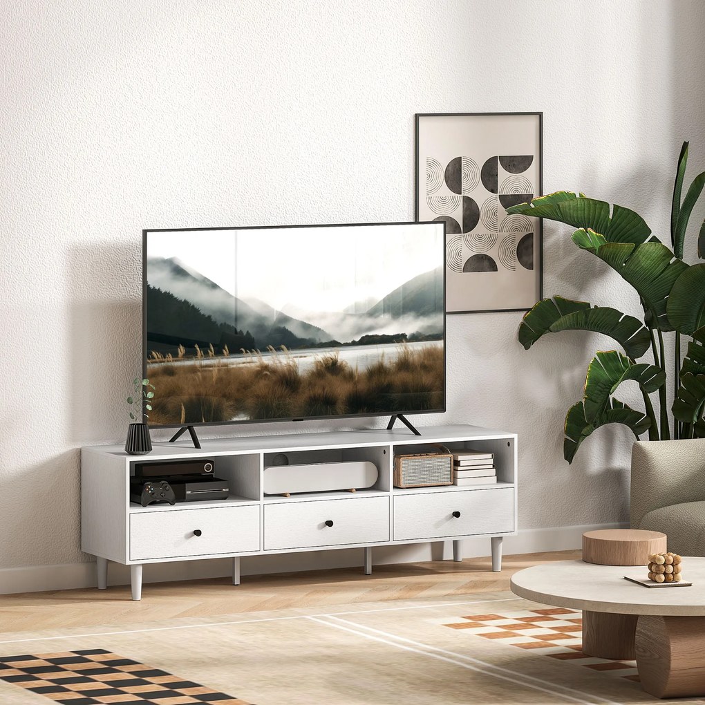 HOMCOM Mobilier TV pentru până la 75" cu 3 sertare, 3 rafturi deschise și pas-cablu, 140 x 34 x 45 cm, alb | Aosom Romania