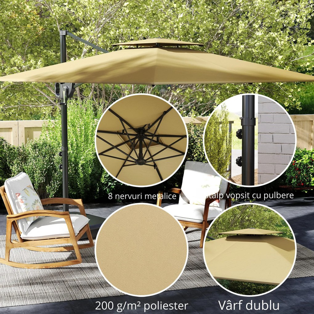 Outsunny Umbrelă Suspendată cu Bază Greutăți și Acoperiș Dublu pentru Grădină, Umbrelă Suspendată Pătrată cu Manivelă și Unghi Reglabil, Gri Închis | Aosom Romania
