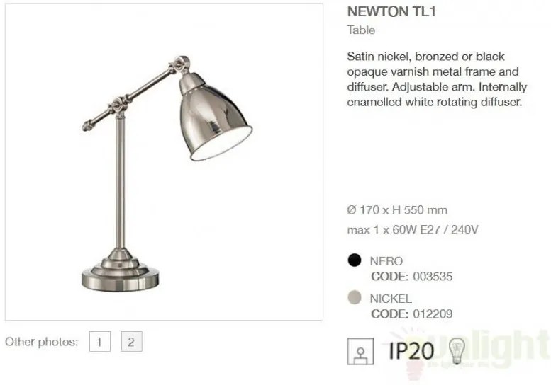Aplica de perete cu brat reglabil, finisaj nickel, NEWTON AP1 016399