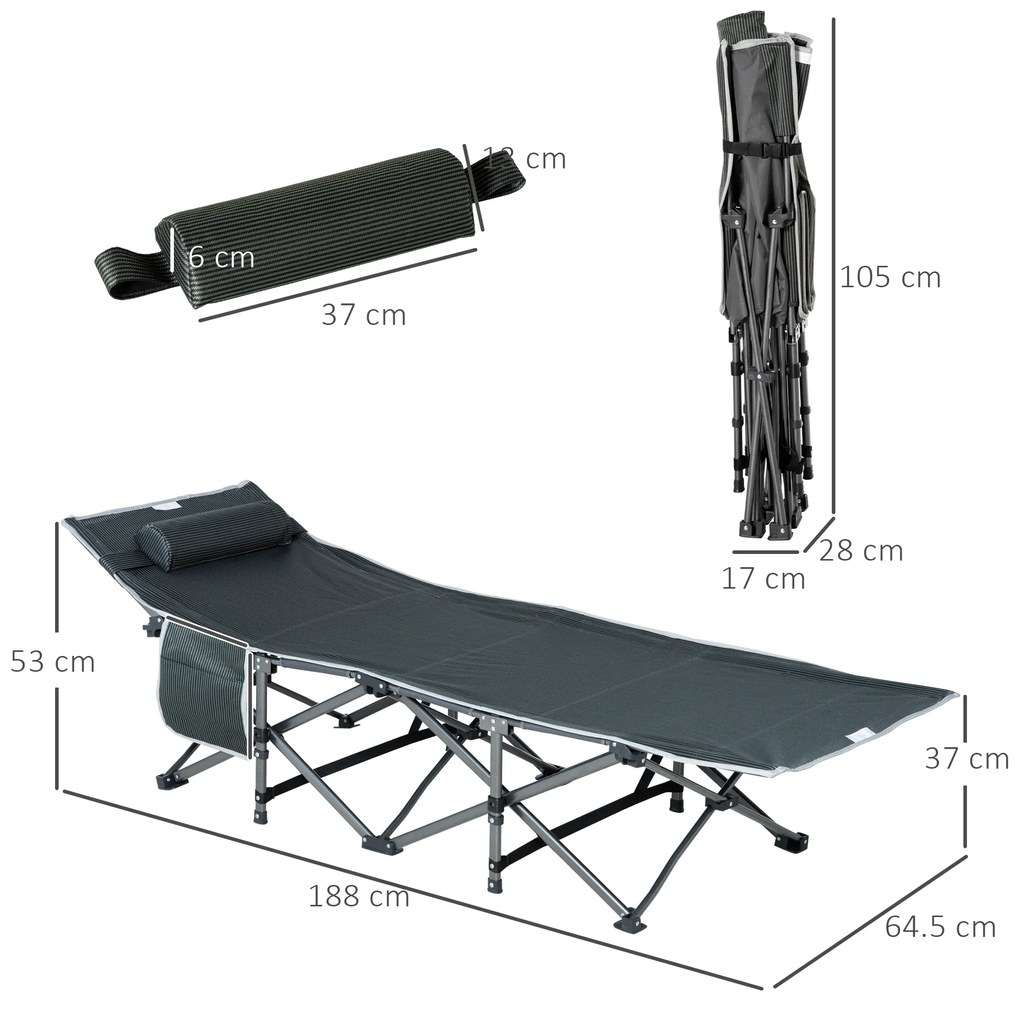 Outsunny Pat Pliabil cu Buzunare de Depozitare si Geanta pentru Transport, Pat de Camping Capitonat si Inaltat, 188x64.5x53 cm, Gri | Aosom Romania