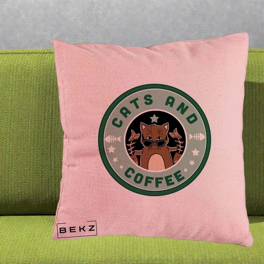 Perna Personalizata Cats and Coffee Starbucks, 40x40 cm, Roz, Husa Detasabila, Perna Inclusa, BEKZ®