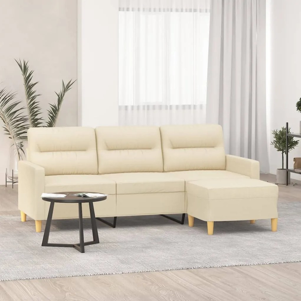 vidaXL Canapea cu 3 locuri cu taburet, crem, 180 cm, material textil