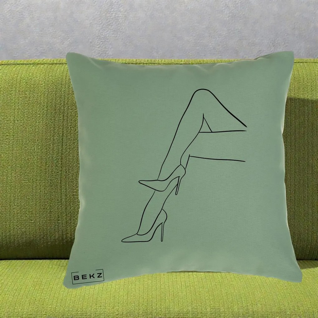 Perna Decorativa Picioare cu Tocuri Line Art, 40x40 cm, Verde, Husa Detasabila, Perna Inclusa, BEKZ®