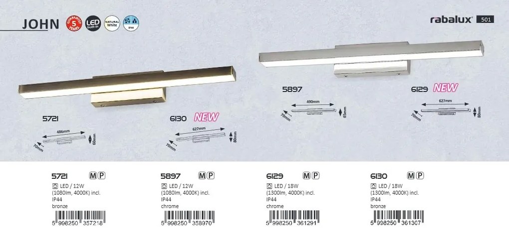 Aplica de perete LED baie, oglinda IP44 John II 18W bronz 6130 RX
