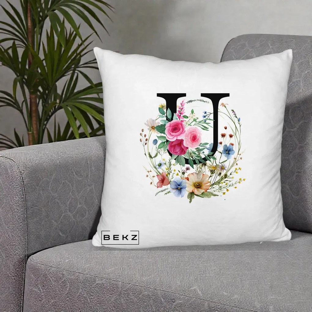 Cadou Personalizat - Perna Personalizata Monogram Litera U cu Flori Acuarela, 40x40 cm, Alb Pufos, Husa Detasabila, Perna Inclusa, BEKZ®
