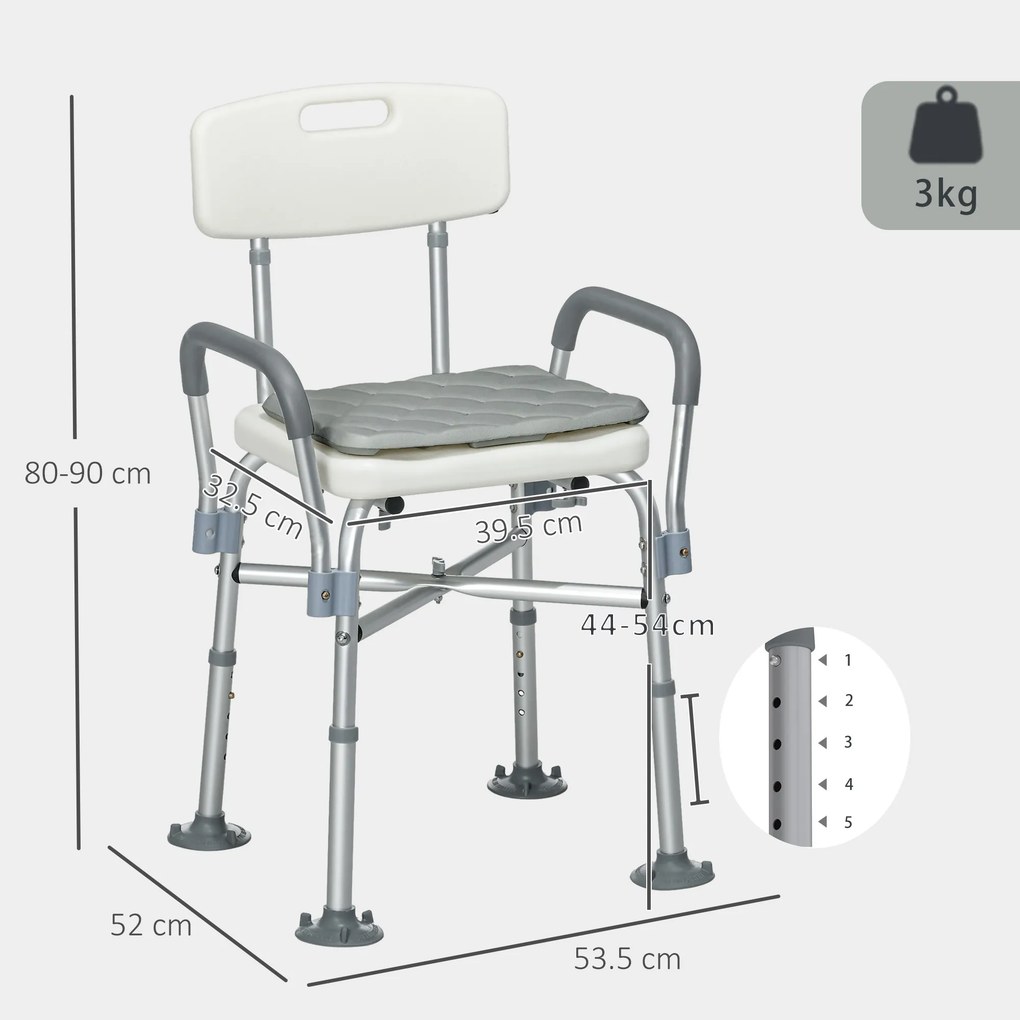 HOMCOM Scaun de Baie din Aluminiu Reglabil, cu Spătar și Brațe, Pernă Moale, Antialunecare, Alb | Aosom Romania