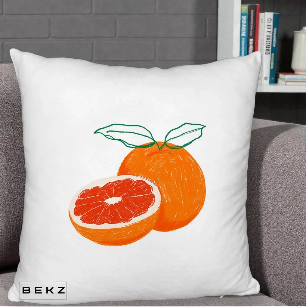Perna Decorativa Grepfrut Citrus, 40x40 cm, Alb Pufos, Husa Detasabila, Perna Inclusa, BEKZ®