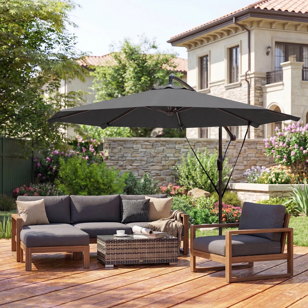 Outsunny Umbrelă Excentrică Ø300 cm cu Bază Încrucișată Manivelă Husă de Protecție și Sfori Anti-vânt UPF30+ Gri închis | Aosom Romania