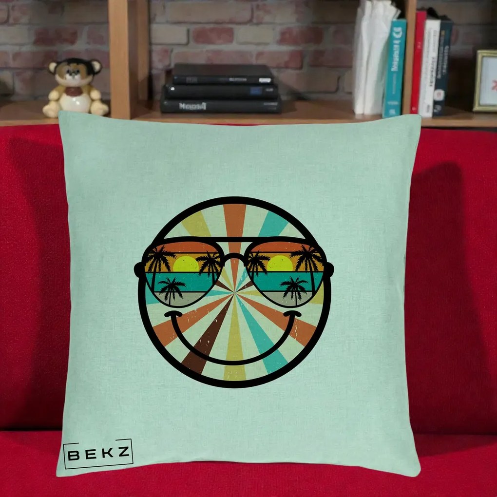 Perna Decorativa Smiley Face Retro Sunset Palmieri, 40x40 cm, Verde Menta, Husa Detasabila, Perna Inclusa, BEKZ®