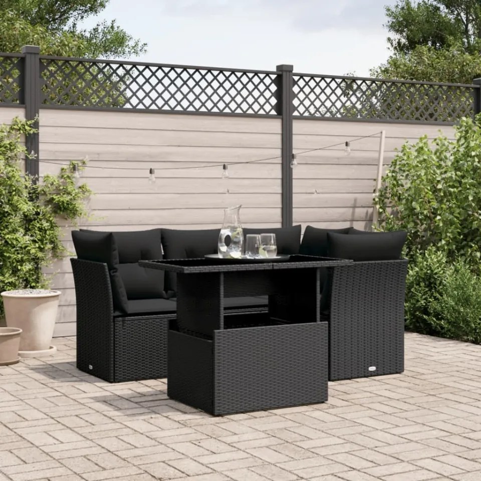 Set mobilier de grădină cu perne, 5 piese, negru, poliratan