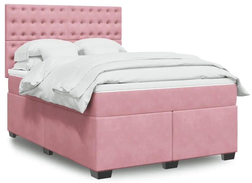 vidaXL Pat box spring cu saltea, roz, 140x200 cm, catifea